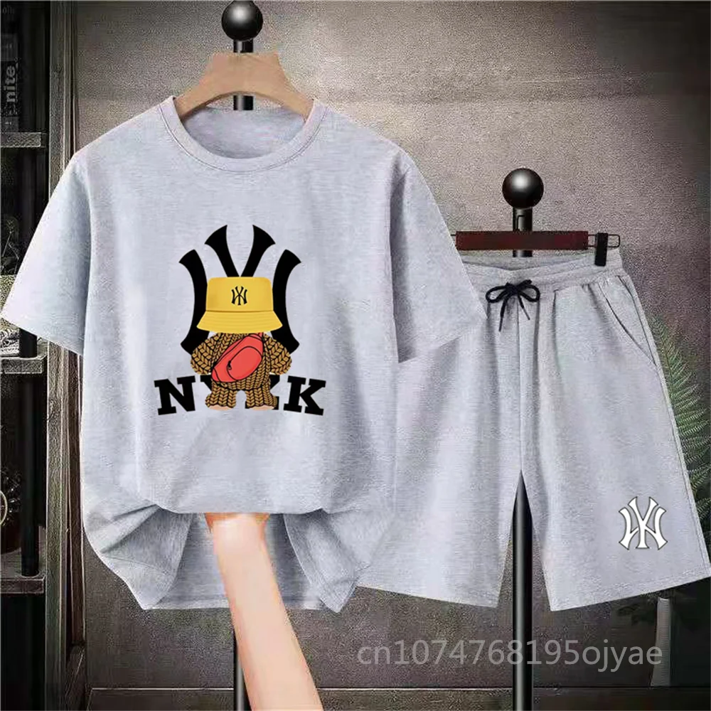 Summer Cotton T Shirt and Shorts Two Pieces Set Luxury Brand Short Sleeve Men's T-Shirt Bear Print Women T Shirt 2 Piece Suit