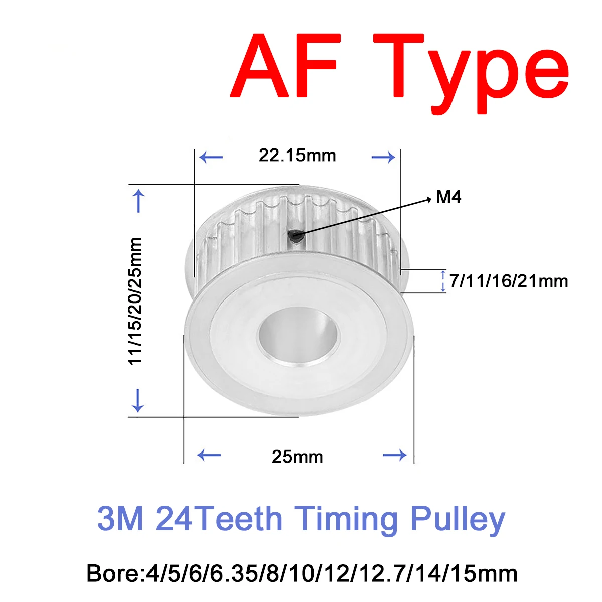 

1Pc 24Teeth 3M AF Type Synchronous Wheel Idler Pulley Bore 4/5/6/6.35/8/10/12/12.7/14/15mm Timing Pulley Width 7/11/16/21mm
