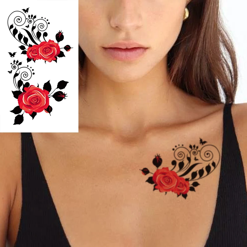 

Водостойкая временная татуировка-наклейка с красными пионами и цветами розы, черные листья, Бабочка, татуировка для боди-арта, руки, груди, шеи, женские Искусственные татуировки