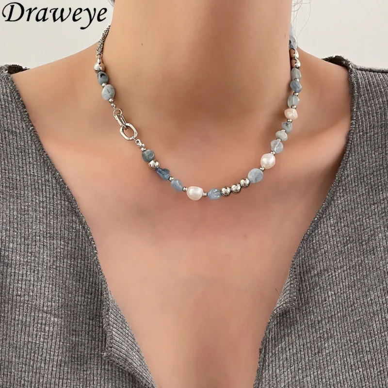 

Draweye Blue Crystal Necklace for Women Pearls Korean Fashion Vintage Collares Para Mujer Y2k Accessories Sweet Jewelry