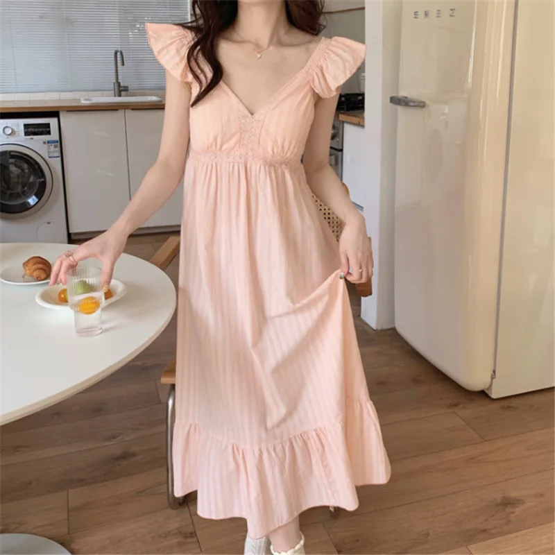 New Korean Sleepwear Sweet Princess Style Halter Pajamas Women Summer Cotton Sleeveless V-neck Pajamas Home Wear Long Dress