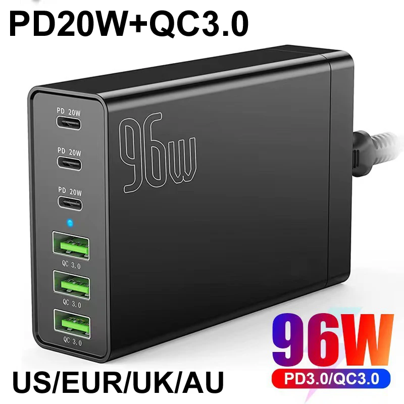 

96W(PD 20W)*3+3 QC 3.0 6-Port Desktop Type-c USB Charging Station Fast Charger For iPhone 13 14 Pro Max iPad Samsung Galaxy
