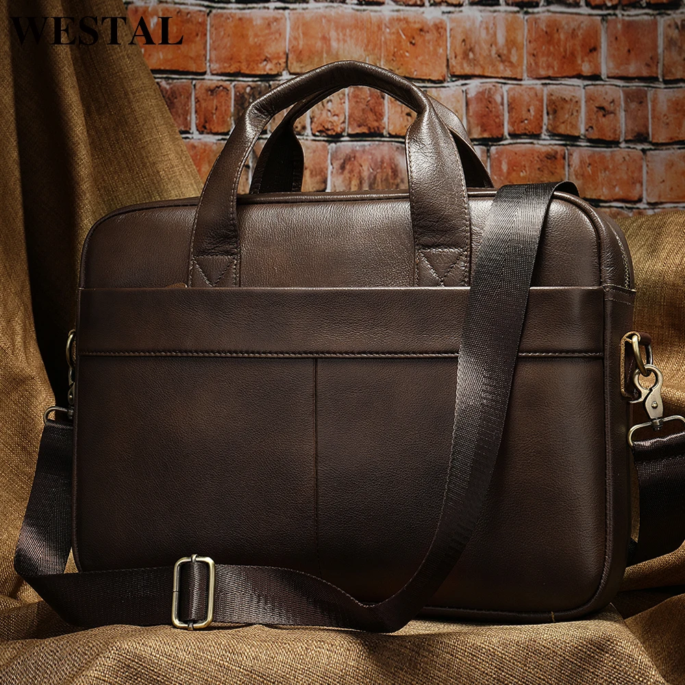 WESTAL Men's Bag Genuine Leather Men Briefcase for Laptop 14 Messenger Men's Leather Bag Business Portfolio for Document A4 7022