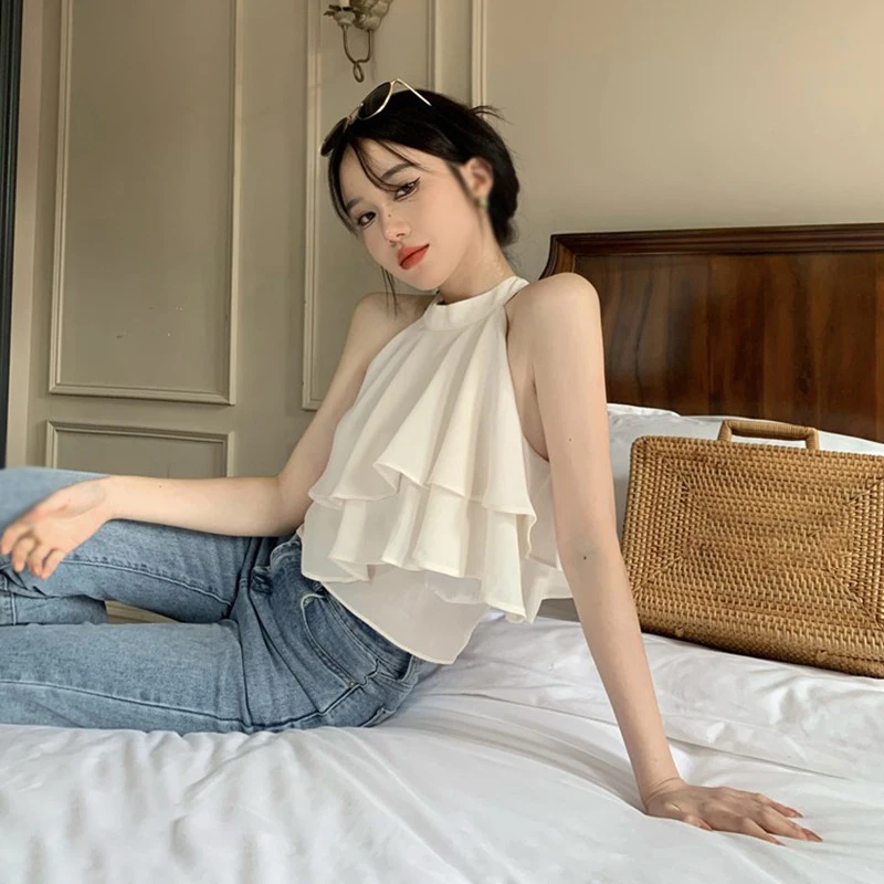 Женская кофта модная пикантная однотонная с оборками Корейская версия женская