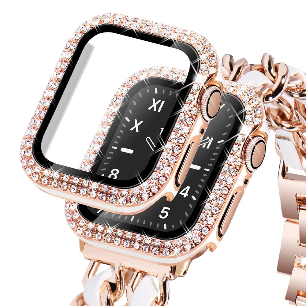 Стекло и крышка для Apple Watch Чехол 45 мм 41 40 44 38 42 аксессуары алмазная защита экрана