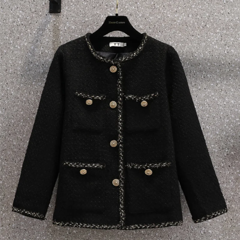 Vintage Fashion Women Single Breasted Tweed Jacket Stylish O Neck Jackets Elegant Ladies Black OL Jacket Coat