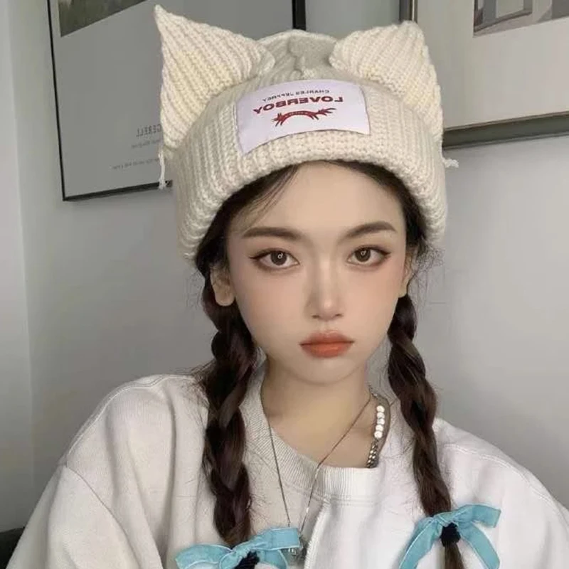 

Милые модные вязаные уши двухслойные теплые уши WoolenHat для женщин нишевой дизайн хип-хоп индивидуальные холодные Шапки мение ховые
