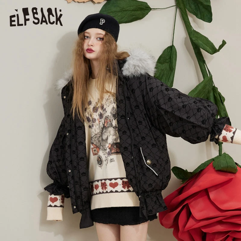 ELFSACK Black Vintage Down Coats Women 2022 Winter New Design Short Outwears
