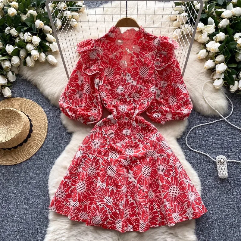 Ретро V-образный вырез-фонарь с короткими рукавами и вышитым принтом Элегантные