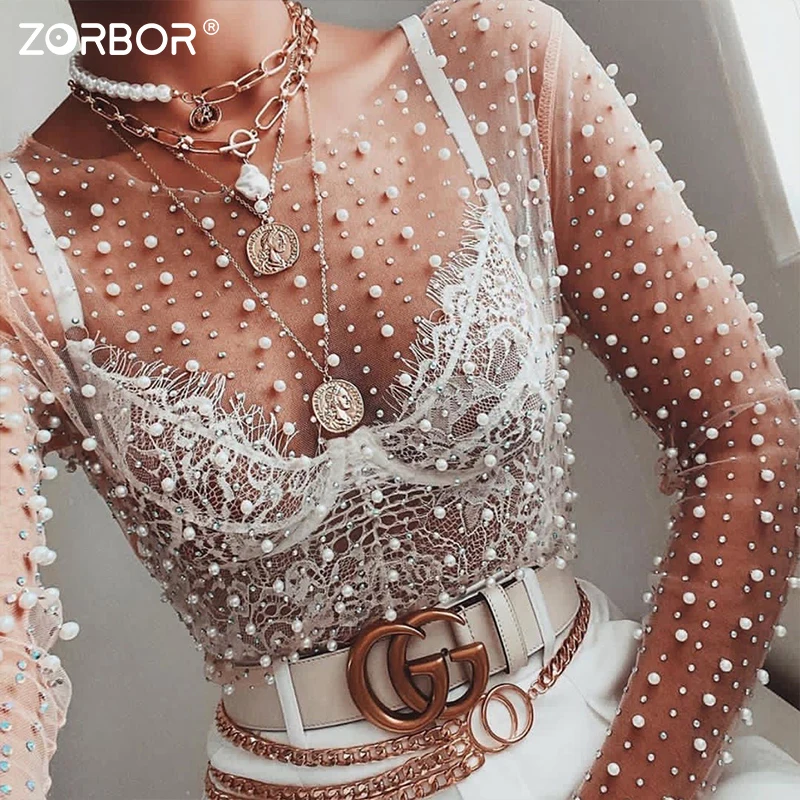

ZORBOR Топы с длинным рукавом Женские жемчужные стразы прозрачные сетчатые топы короткие летние с круглым вырезом сексуальные приталенные че...