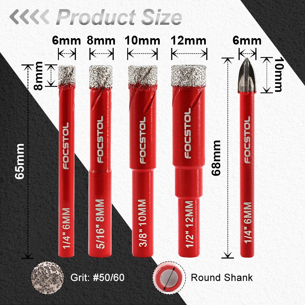 

FOCSTOL Алмазное сверло для плитки 6/8/10/12 Набор корончатых сверл с круглым хвостовиком 6 мм Твердосплавное сверло для керамической керамической плитки Кольцевая пила