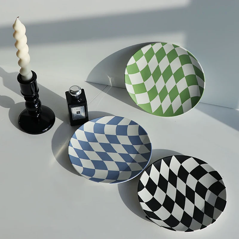 

Скандинавская Шахматная обеденная тарелка, круглая тарелка из бамбукового волокна для завтрака и салата, десерт, украшение для дома