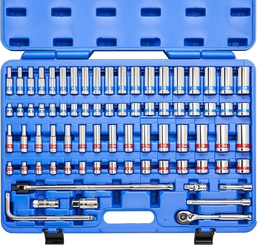 

Цветной механический инструмент с храповым механизмом 3/8 дюйма, 76 шт. стандартных и глубоких метрических размеров SAE от 1/4 до 1 дюйма