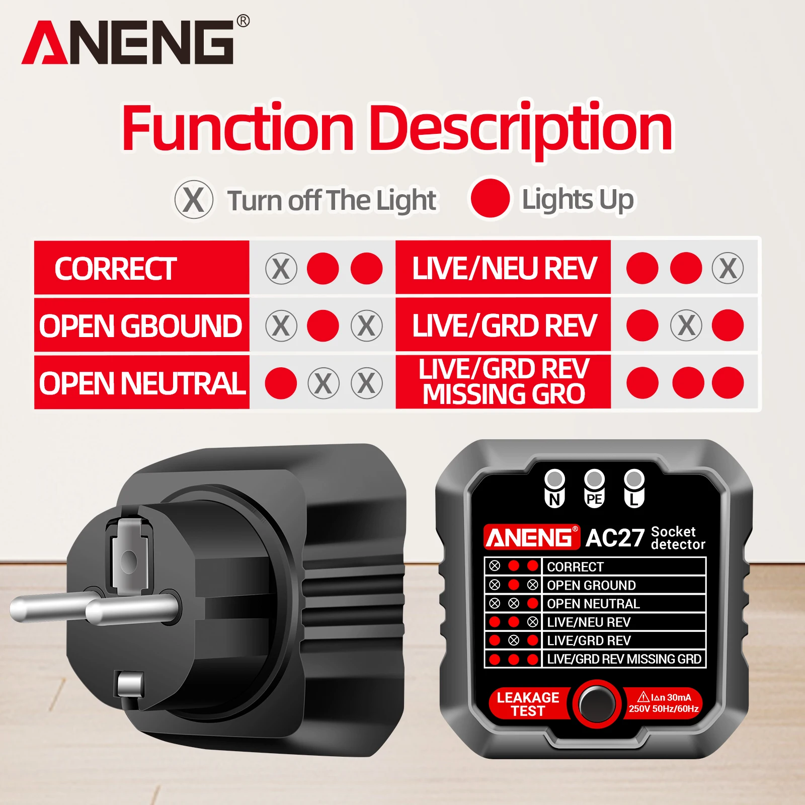 Умный тестер розеток ANENG AC27 с вилкой США/ЕС