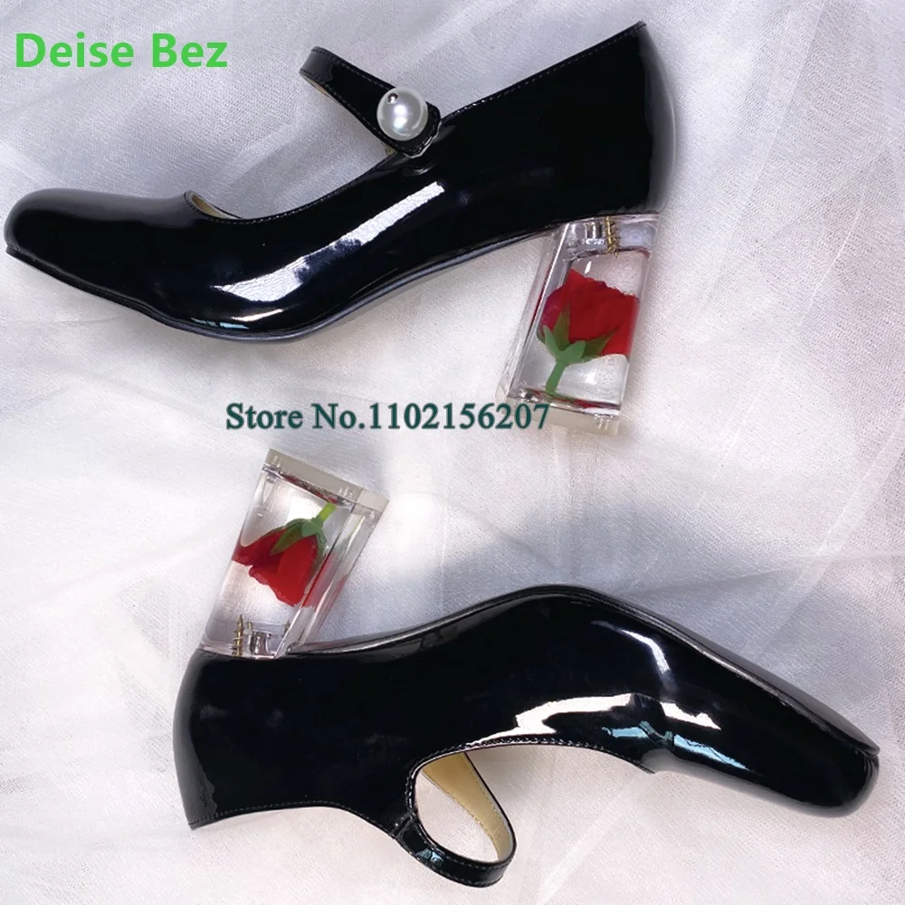 Transparent Red Rose Flower Square Heel Pumps For Female Women Round Toe Patent Leather Ankle Strap Elegant Solid Shallow Shoes