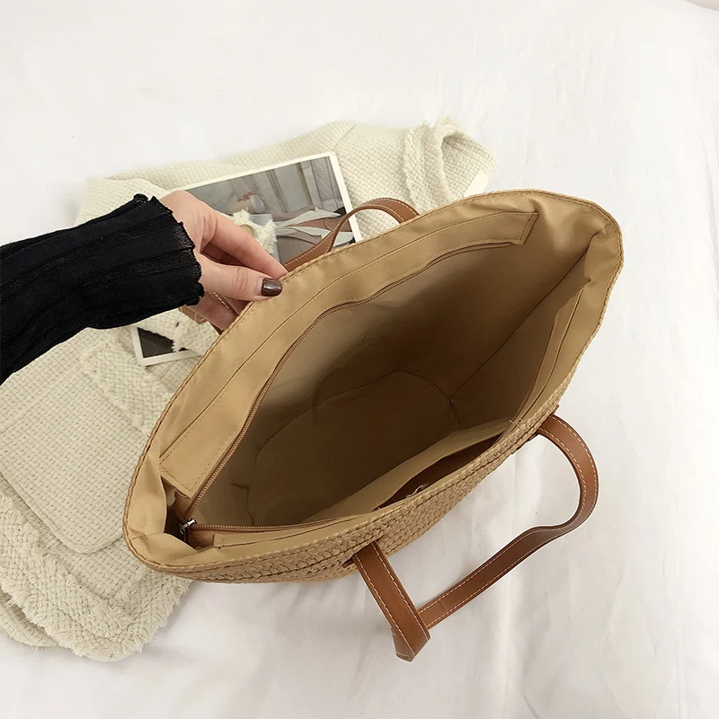 Summer Straw Bag Large Capacity Casual Tote Women Simple Solid Vacation Beach Bag Designer Shoulder Bags Top-Handle Bags Handbag
