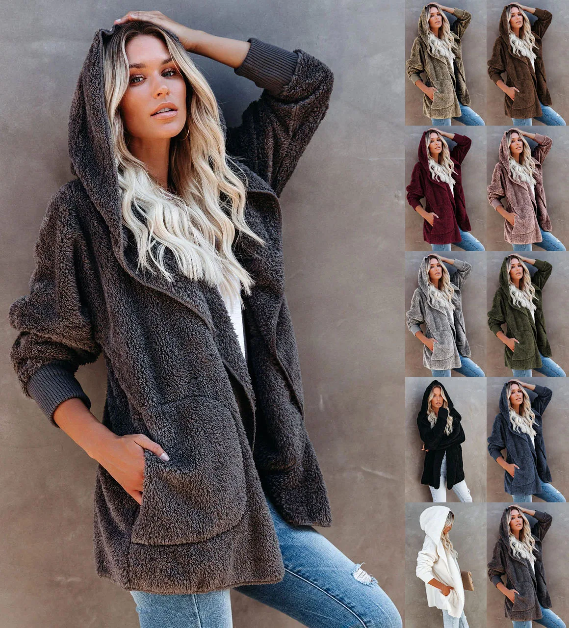 

2022 autumn and winter comfortable plush jacket temperament casual hooded loose solid color jacket women