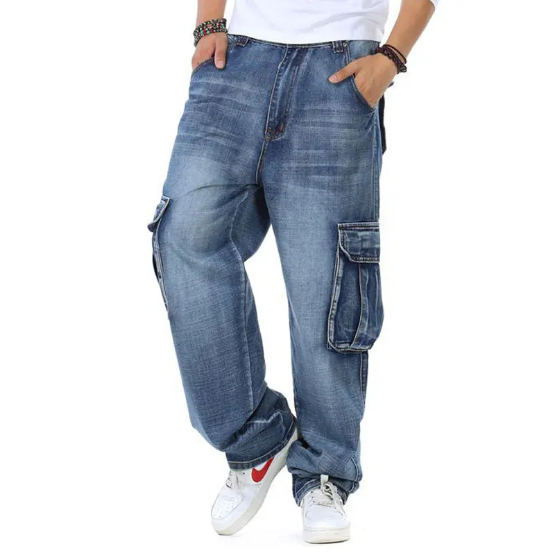 Plus Size 46 Blue Men's Loose Wide Leg Jeans Straight Fit Loose Casual Hip Hop Street Jeans