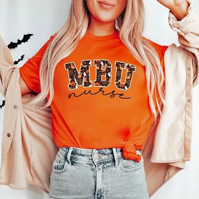 Футболка Mbu Mother Baby Unit на Хэллоуин L D медсестра работа и доставка Rn осенняя
