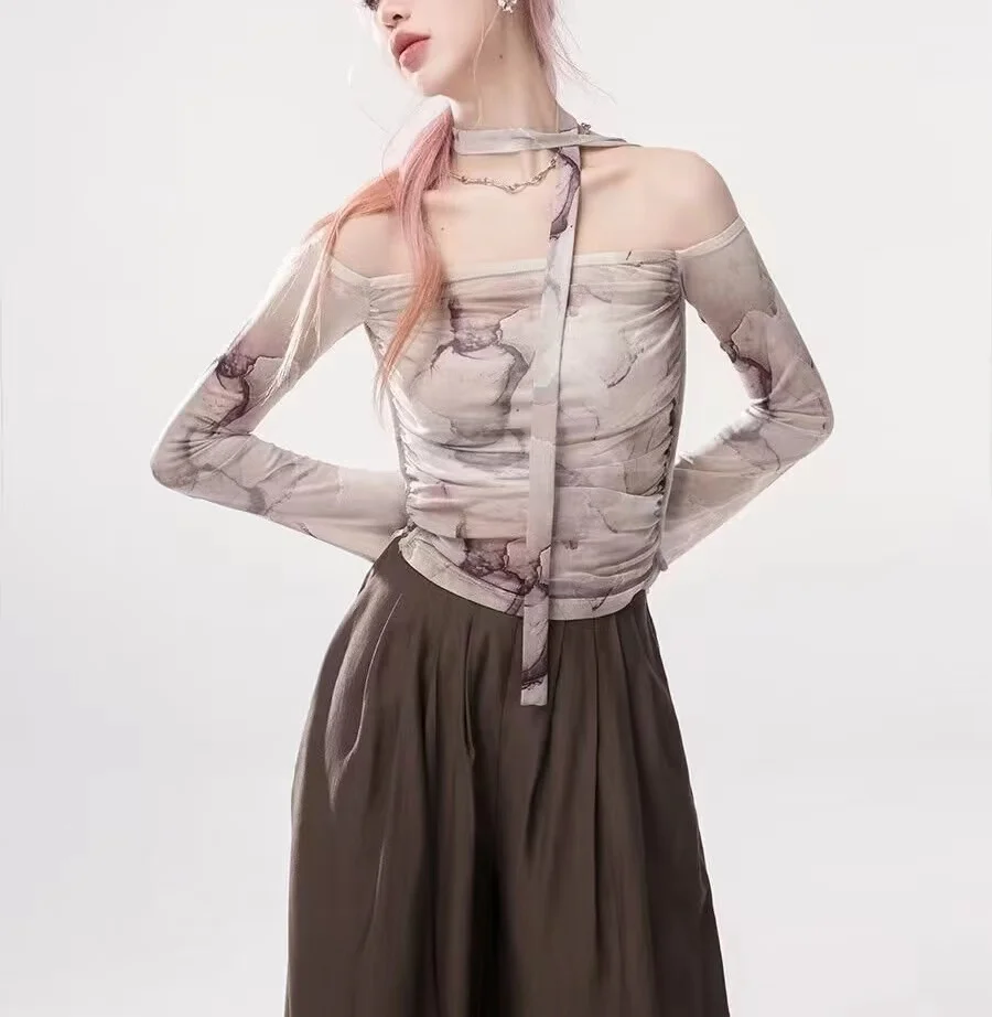

Tie Dye Off The Shoulder Top For Women 2023 Summer Mesh Top Long Sleeve T Shirt Designer Fashion Tees Summer Clothes