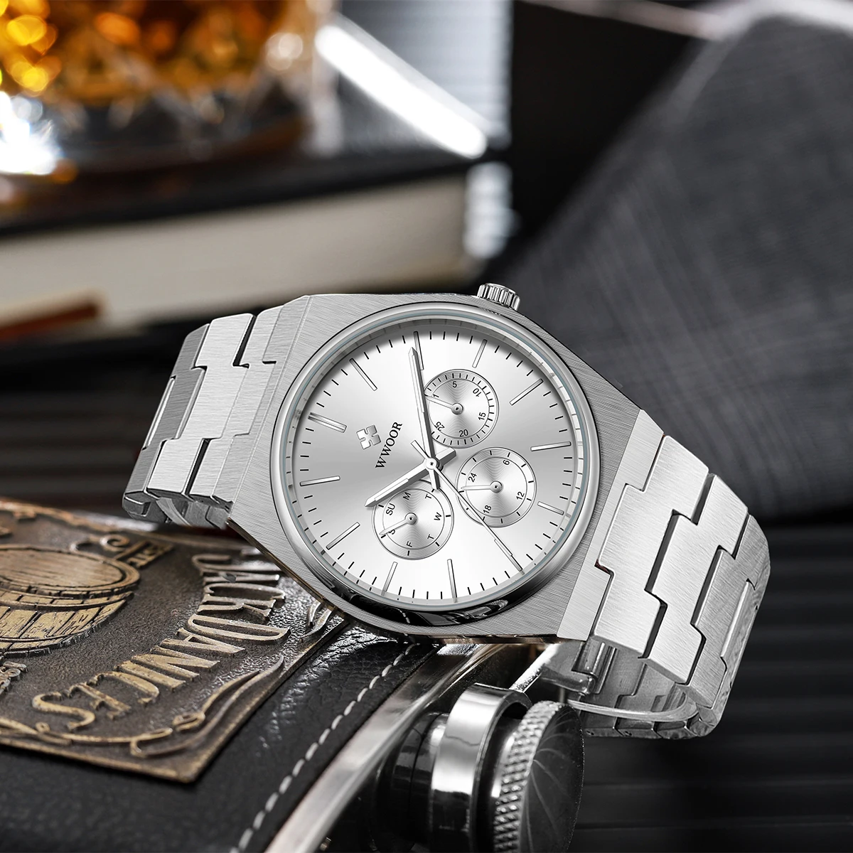 Часы WWOOR Мужские кварцевые роскошные деловые светящиеся водонепроницаемые с