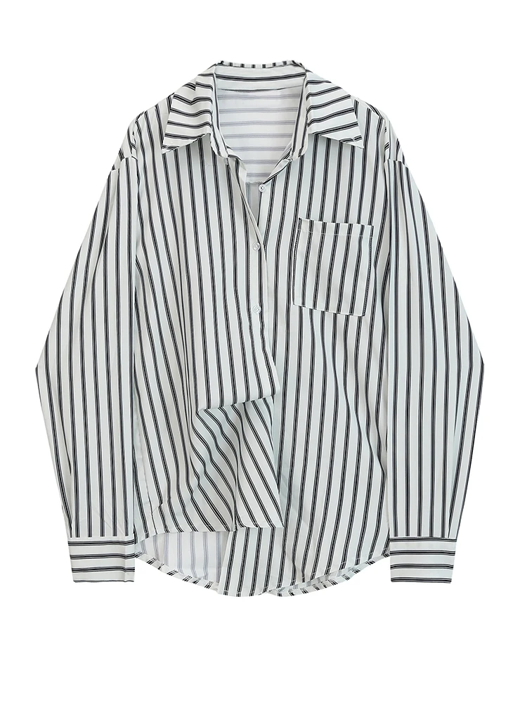 

Женская Асимметричная блузка в черную полоску, Повседневная Свободная рубашка с отложным воротником и длинным рукавом, весна-осень, 2022, M846