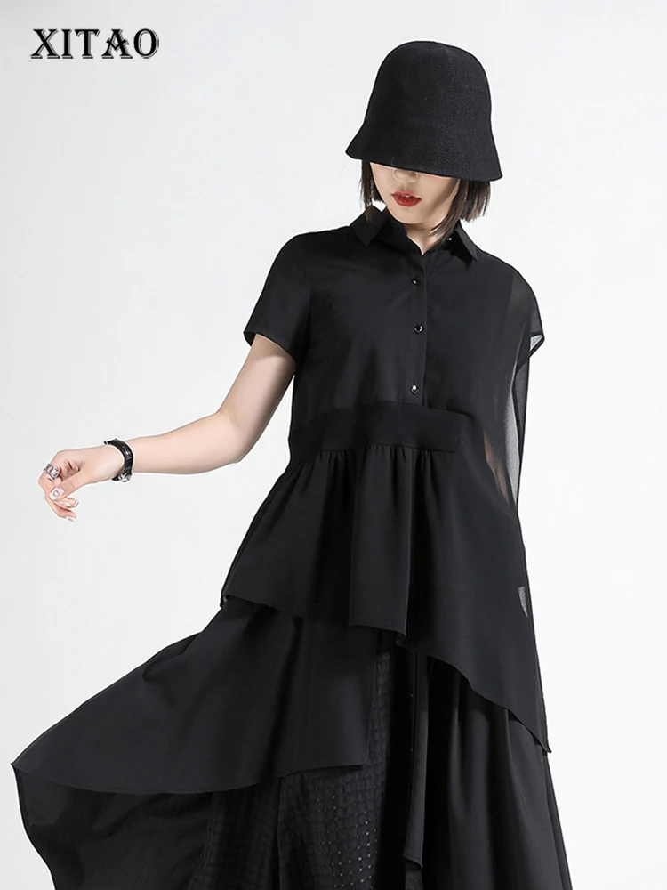 

XITAO Asymmetrical Solid Shirt Women Korea 2022 Summer New Personality Fashion Loose Turn-down Collar Short Sleeve Shirt WLD7154