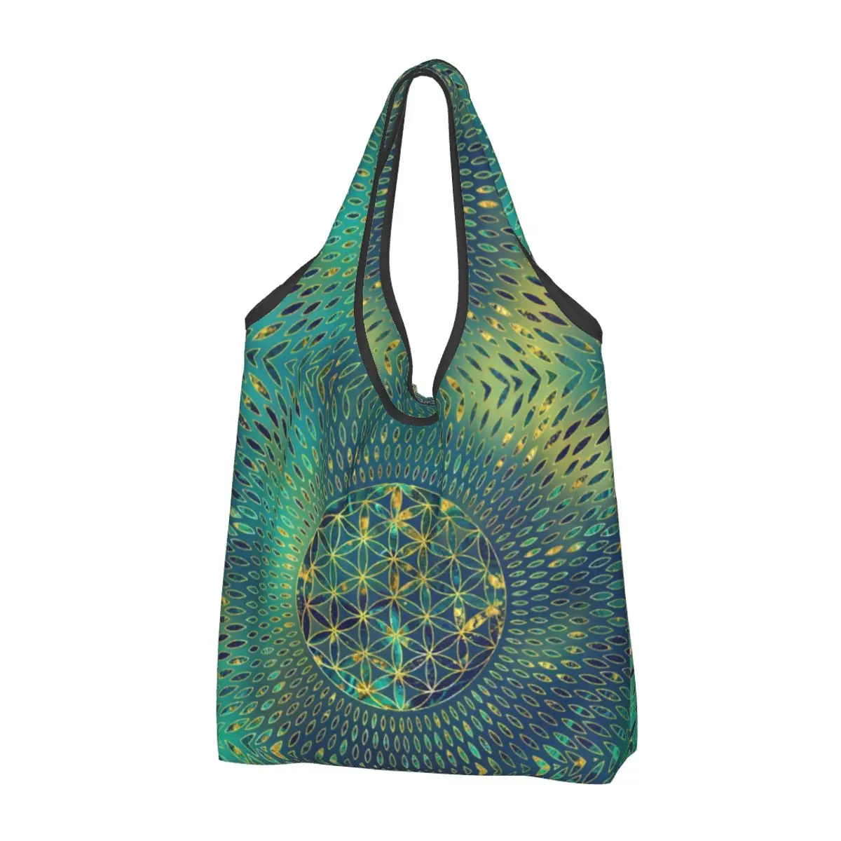 

Flower Of Life Marble And Gold Grocery Shopping Tote Bag Women Funny Mandala Shoulder Shopper Bag Large Capacity Handbags