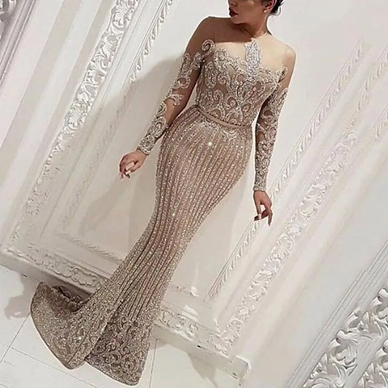 Latest design mesh see-through lace sequin elegant sexy maxi length celebrity party evening dresses