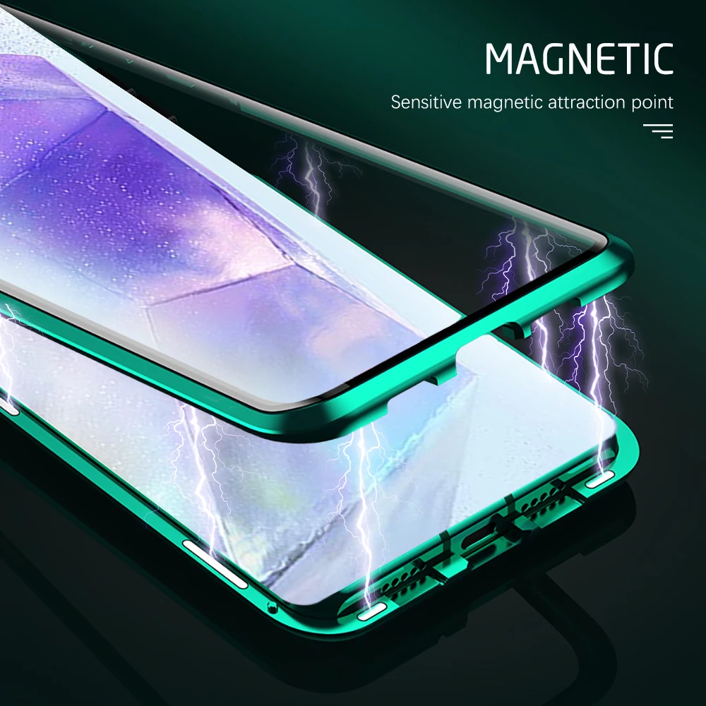 360 ° Металлический магнитный флип-чехол для Samsung Galaxy A55 5G двухстороннее закаленное