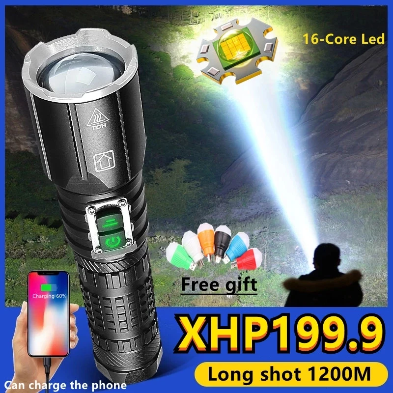 

800000LM Powerful Flashlight XHP199.9 LED 16 CORE Waterproof IPX6 Zoom Torch 5Mode USB Rechargeable Lamp Use 18650/26650 Battery