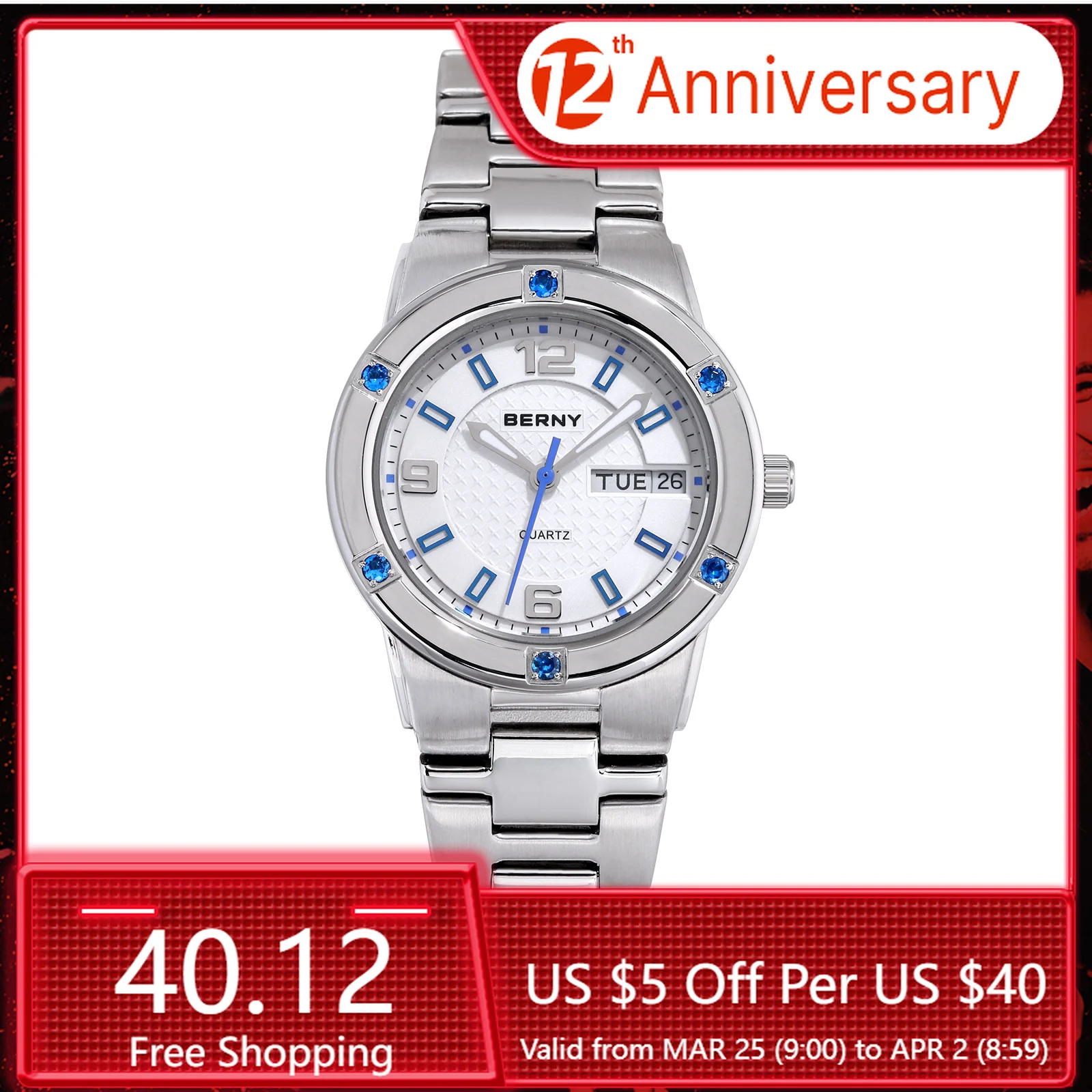 

Женские кварцевые часы с календарем и корпусом из нержавеющей стали