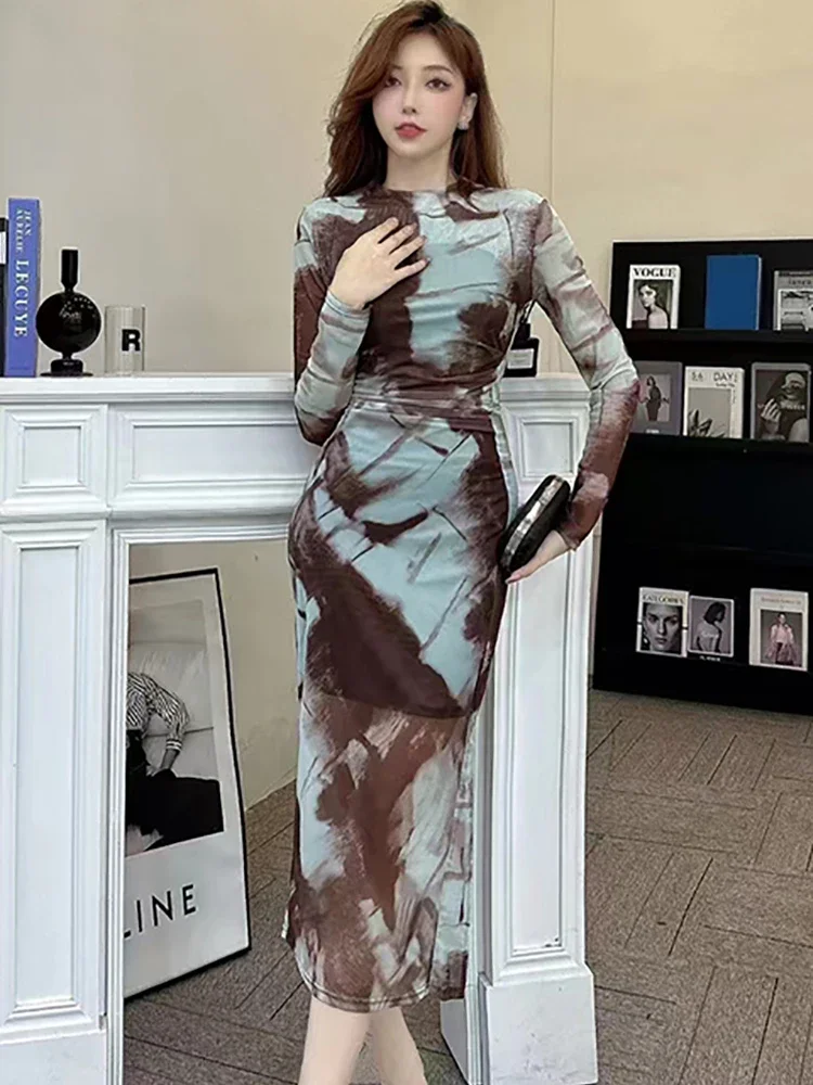 Женское Сетчатое платье с длинным рукавом повседневное Длинное Элегантное в