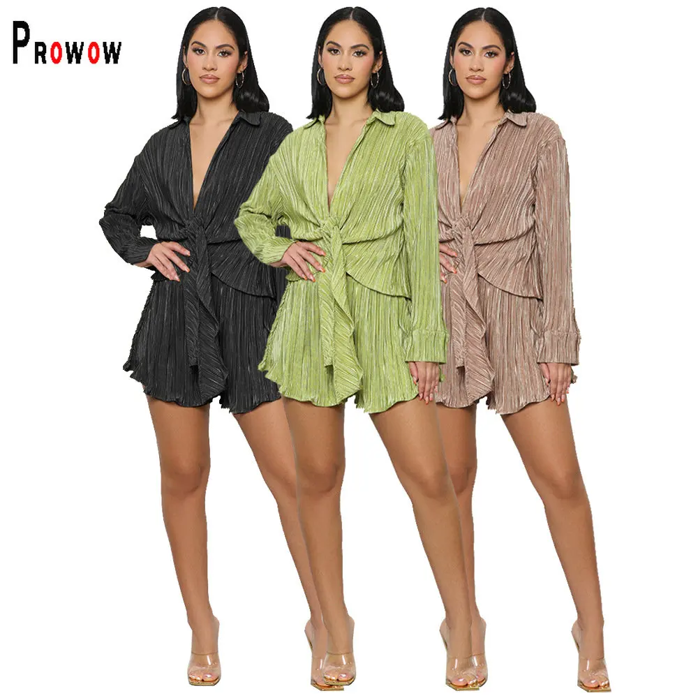 

Prowow Office Lady Clothing Set Long Sleeve Folds Bandage V-neck Tops Shorts Two Piece Women Suits Summer Fall Female Streetwear