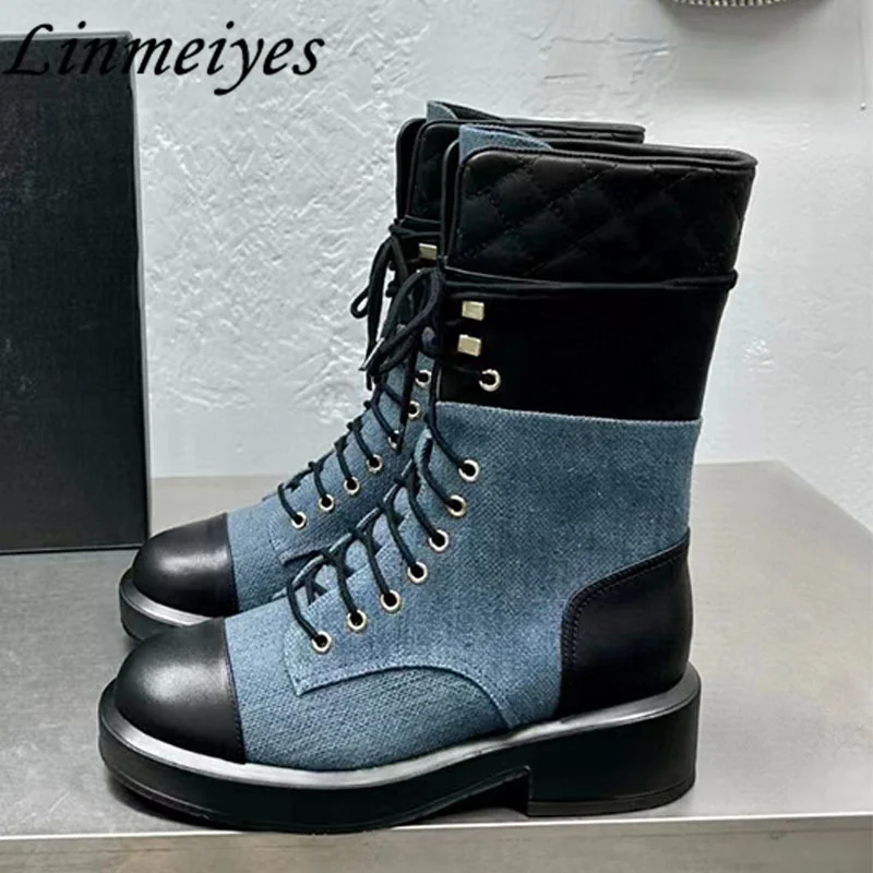 

Роскошные рыцарские сапоги на среднем каблуке, женские лоскутные сапоги с круглым носком, на шнуровке, до середины икры, Женские Модные осенние современные джинсовые сапоги для женщин