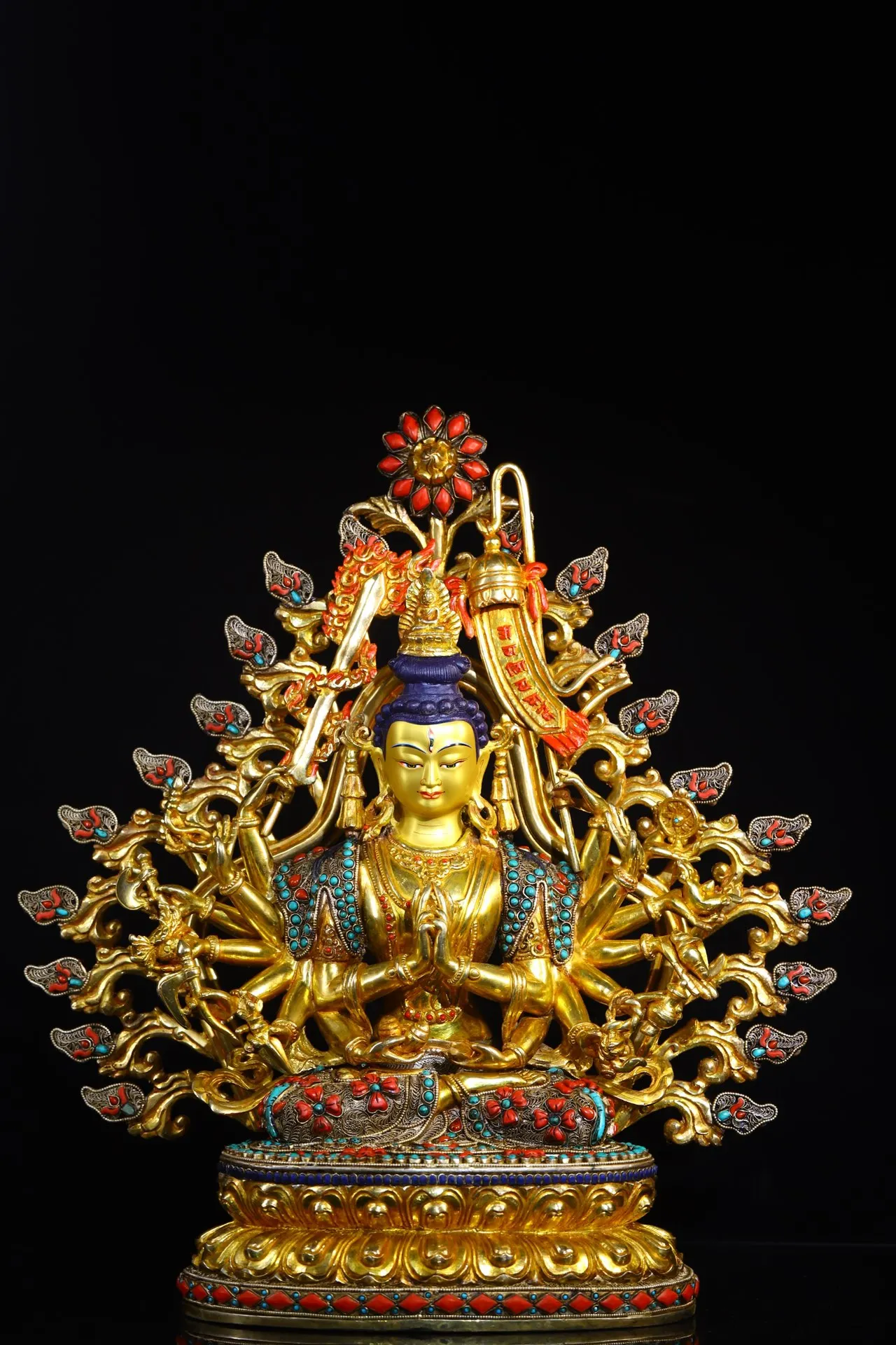 

17"Tibet Temple Collection Old Bronze Outline in gold Painted Mosaic Gem 18 arms Cundhi Bodhisattva Lotus Platform Worship Hall