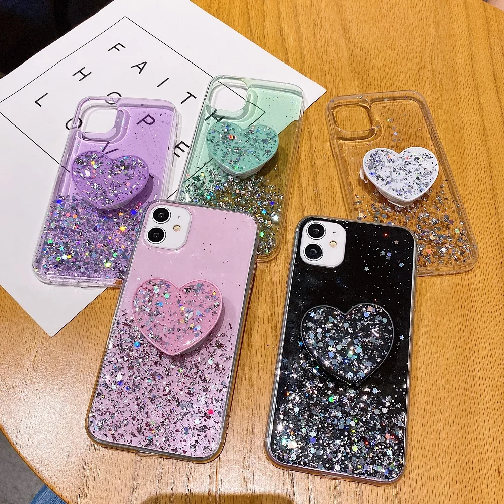 Heart Holder Glitter Case for Honor X7 X8 X9 70 50 10X 10 Lite X30i X30 8S 7A 7S 10i 8A 7C 9A 9S 9X 20 Pro X40 Silicone Cover