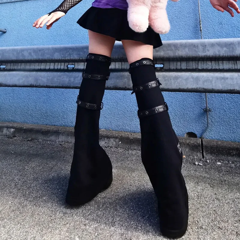 New Fashion Women Dark Punk Socks Gothic Style Elegant Chic Solid Color Buckle Patchwork Slim Ladies Long Socks For Autumn