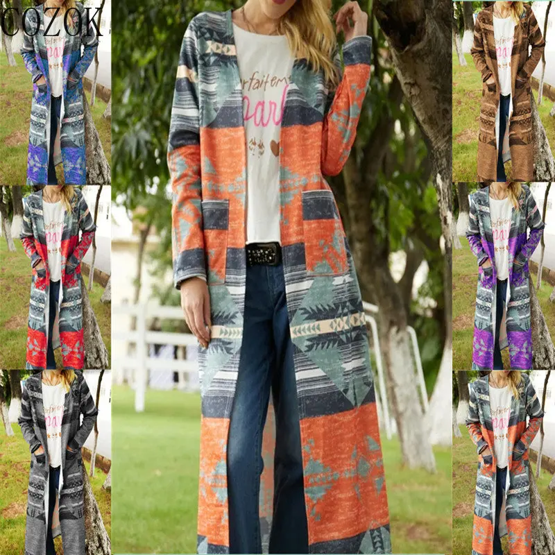

Women's Clothing Long Sleeve Positioning Geometric Printing Cardigan Thickened Large Size Slimming Extended Trench Coat