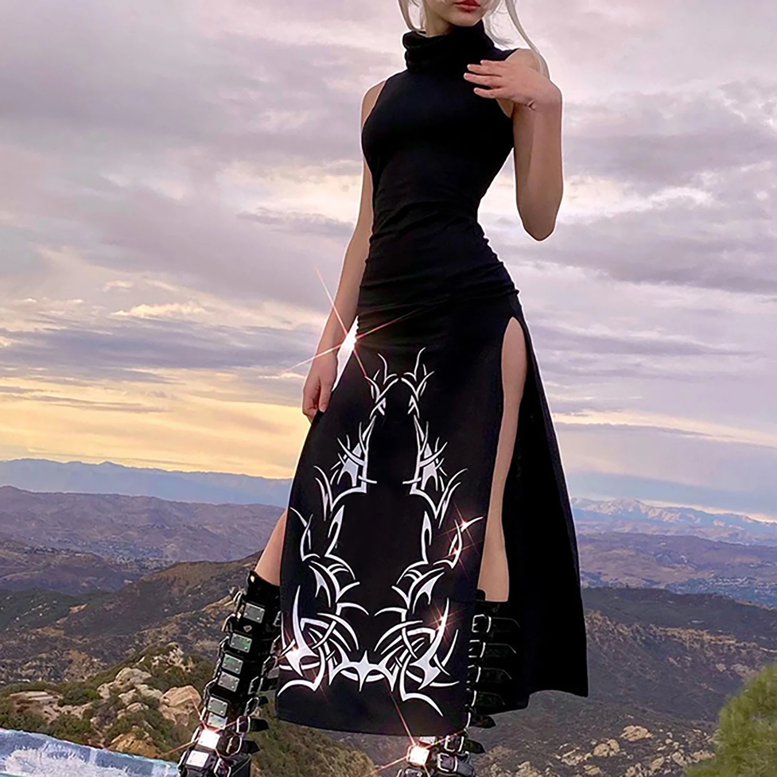 

Sexy Women's High Split Dress Gothic Style Sleeveless Long Dress Turtleneck Vintage Ladies Sheath Club Long Dress Sundress