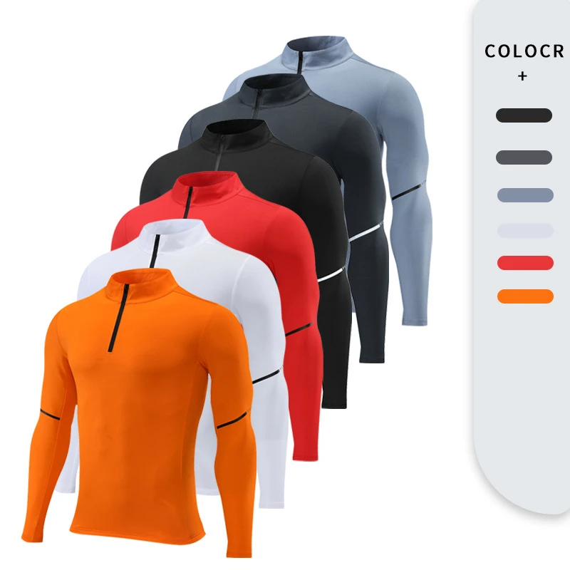Men's Running Sports Long Sleeve Tops Quick Dry Zipper Stand Collar Outdoor Fitness Skinny Sweatshirts Gym Training Clothing Red
