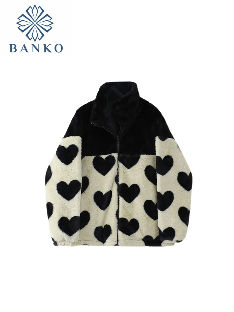

Винтажное теплое пальто контрастных цветов с принтом сердца, осенне-зимняя Водолазка с длинным рукавом, толстая плюшевая куртка в стиле Хар...
