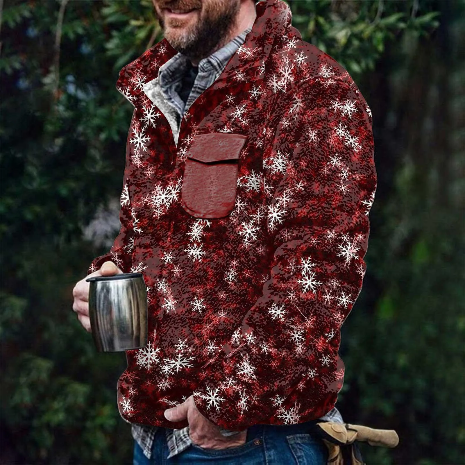

Man Fuzzy Sweatshirts Snowflake Winter Fleece Pullover Long Sleeve Button Jumper Winter Christmas Outerwear Sweatshirt Jacket