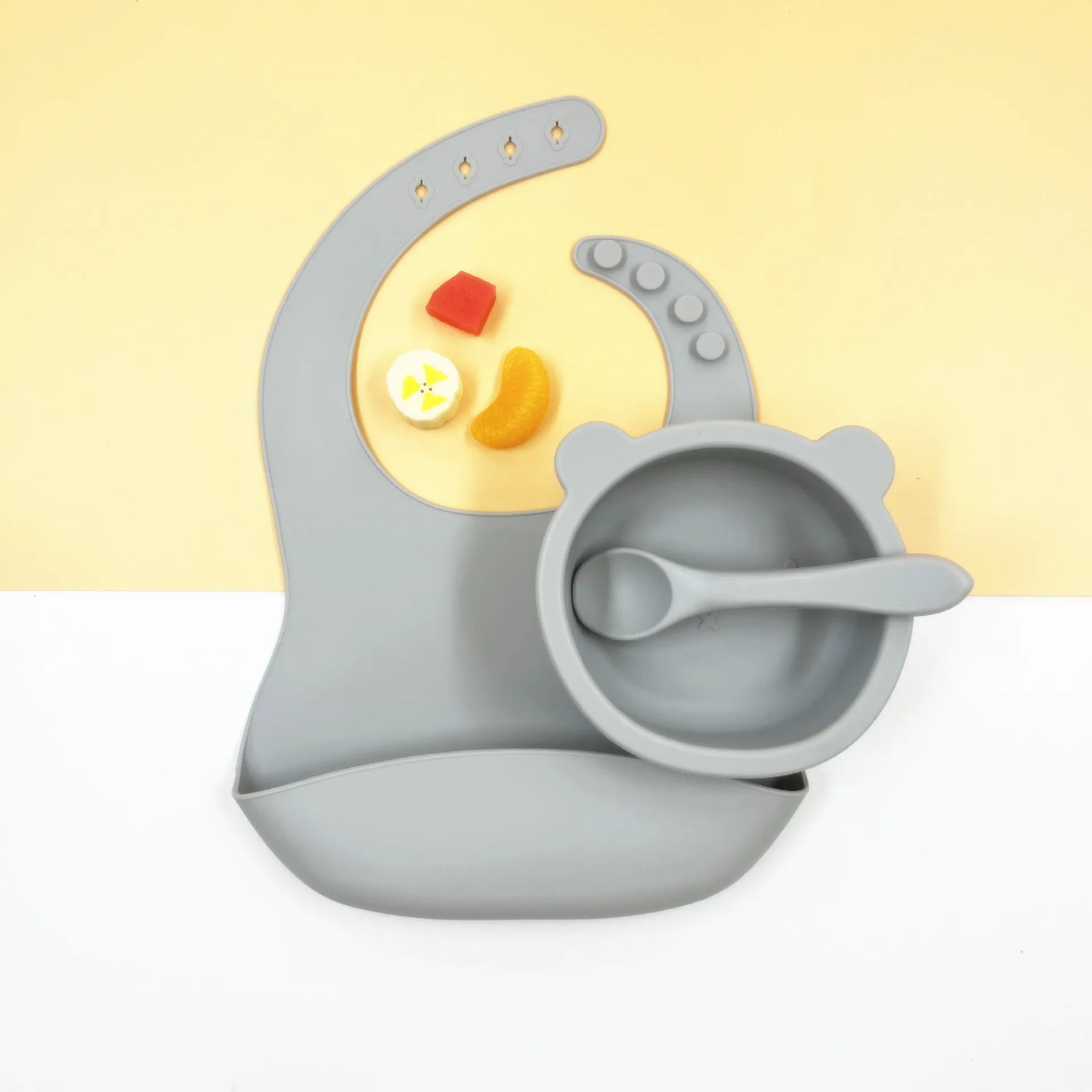 

Baby Silicone Tableware Set Baby Feeding Dishes BPA Free Bowl Plate Bibs Spoon Fork Sets Children Non-slip Dinnerware Cute Bowl