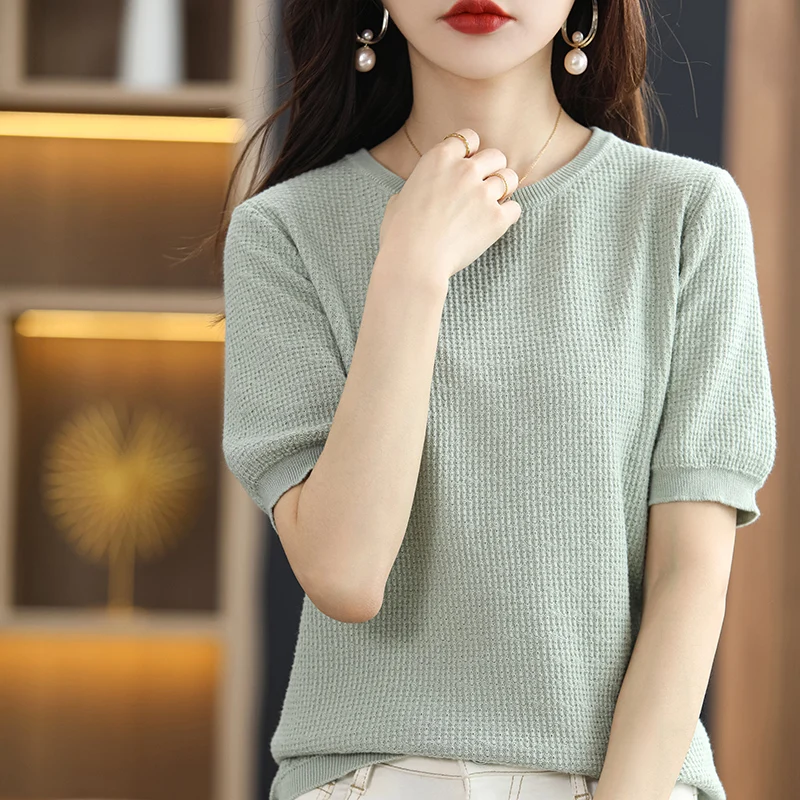 

Women's Summer Elegant O-Neck Cotton Knit T-Shirt Fashion Pullover Casual Exquisite Skin-Friendly Short Sleeve Korean Loose Top
