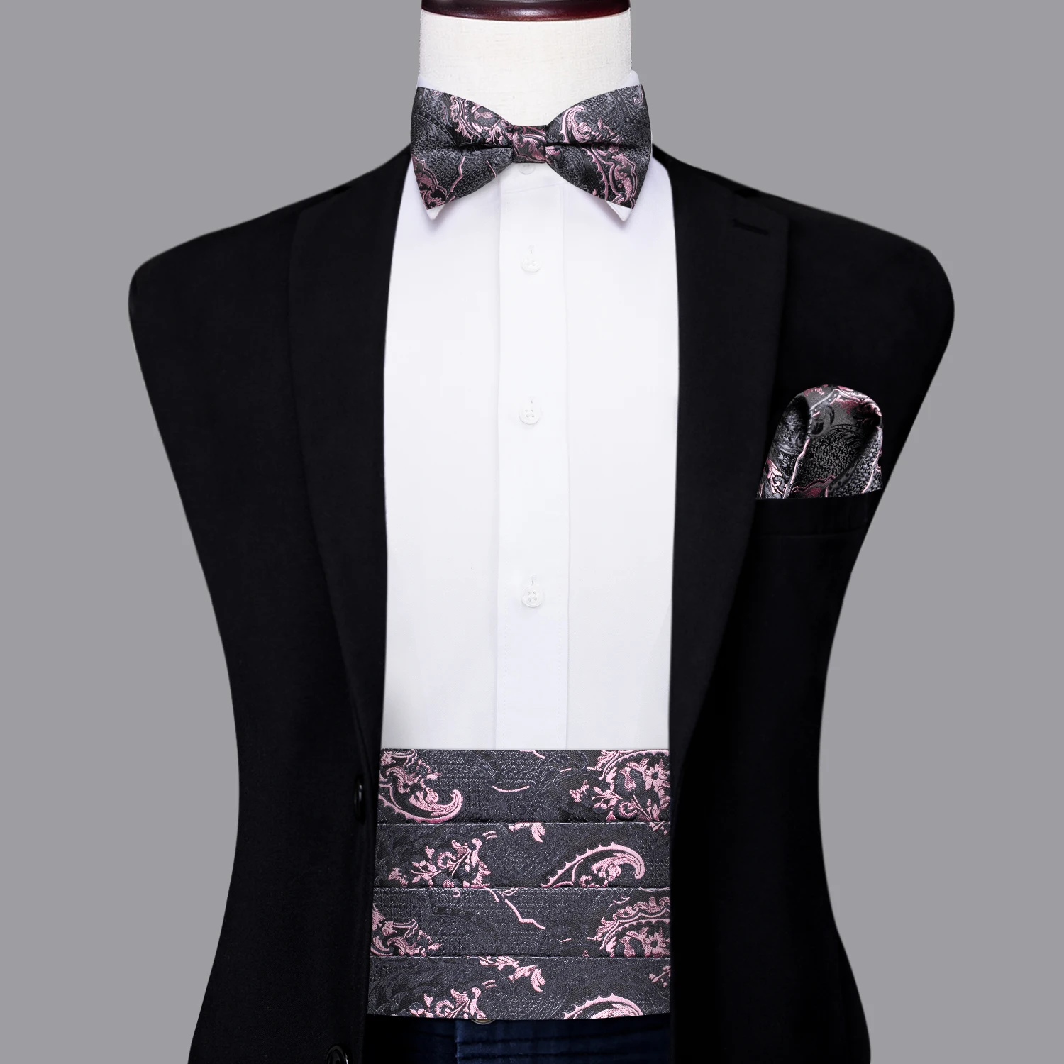 

Hi-Tie Silk Gray Pink Mens Cummerbunds Vintage Jacquard Bowtie Hanky Cufflinks Cummerbund Belt Corset For Male Wedding Events