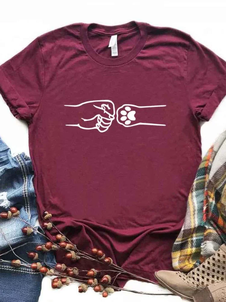 С рисунком собачки и котика ручной кулачки принт Женская футболка с коротким