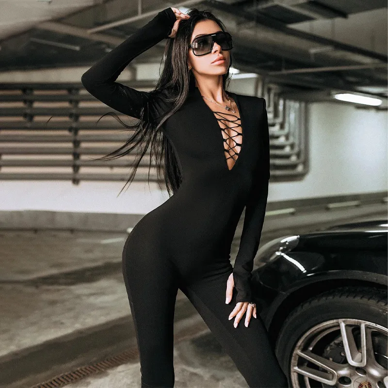 Autumn Hollow Out Black Jumpsuits Women Green Long Sleeve Bodycon Jumpsuit Winter One Piece Sexy Club Outfits For Women
