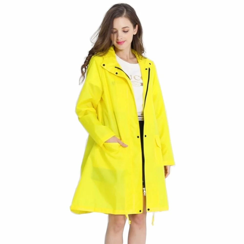 

Womens Stylish Solid Yellow Rain Poncho Waterproof Raincoat with Hood and Pockets
