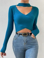 summer to autumn women long sleeve choker neck wrap crop top pull sweater femme criss cross ribbed casual pullover clothes